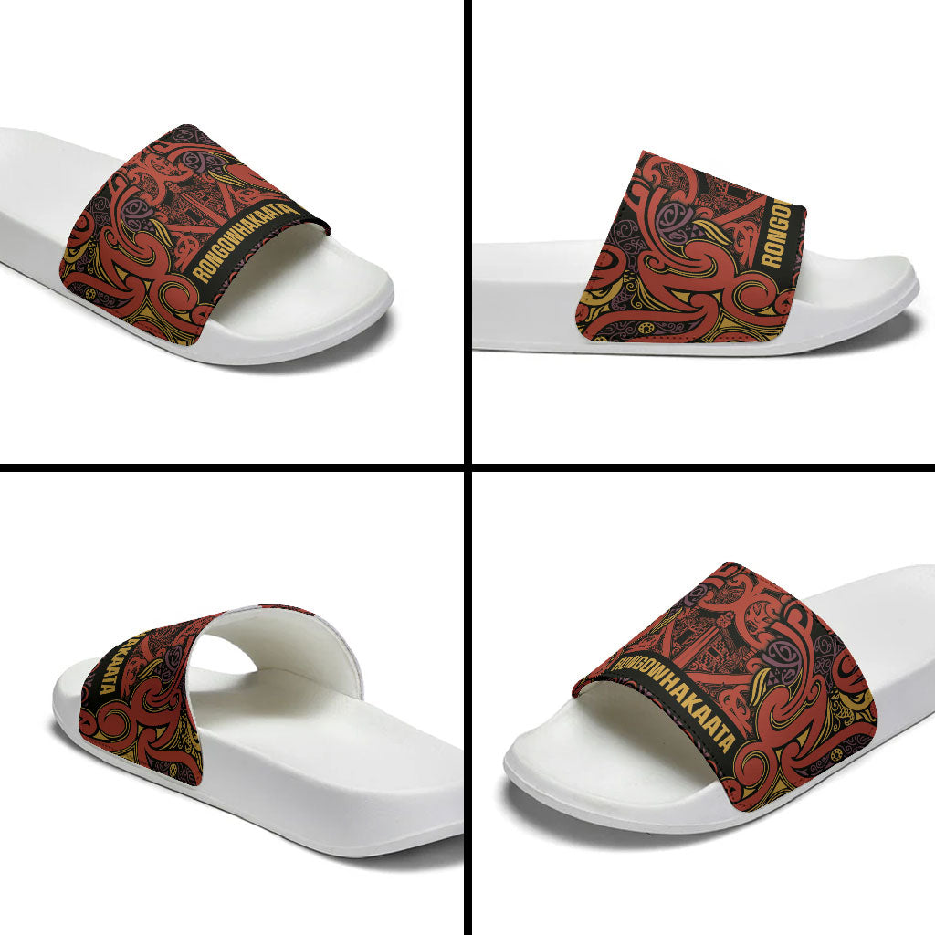Aotearoa Iwi Rongowhakaata Slide Sandals Maori Wharenui House Tribal Pattern LT9 - Polynesian Pride
