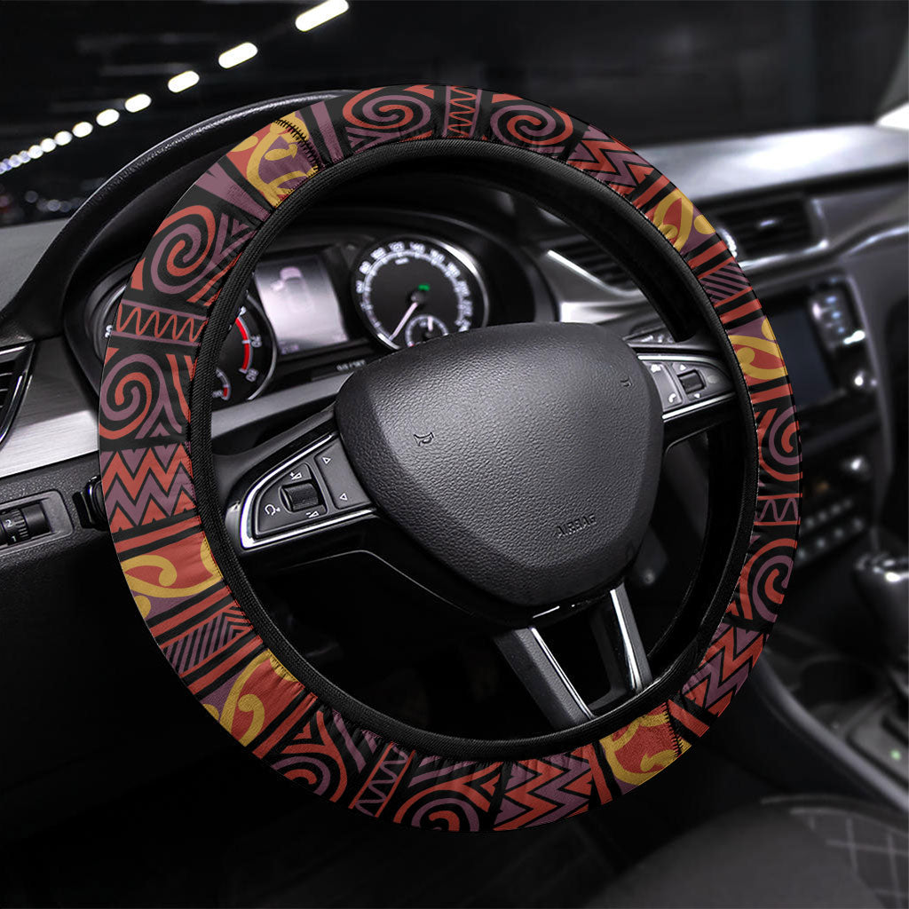 Aotearoa Iwi Rongowhakaata Steering Wheel Cover Maori Wharenui House Tribal Pattern LT9 Universal Fit Brick Red - Polynesian Pride
