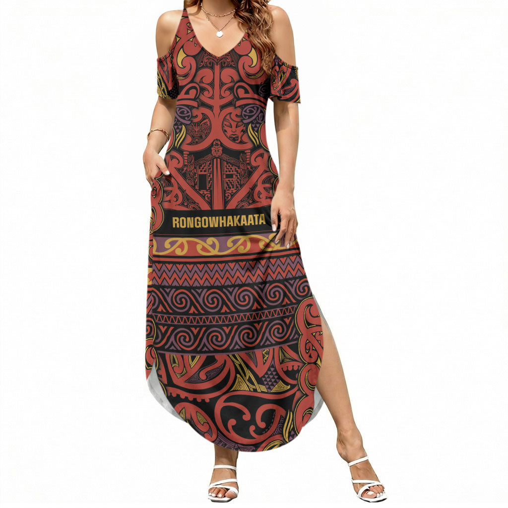 Aotearoa Iwi Rongowhakaata Summer Maxi Dress Maori Wharenui House Tribal Pattern LT9 Women Brick Red - Polynesian Pride
