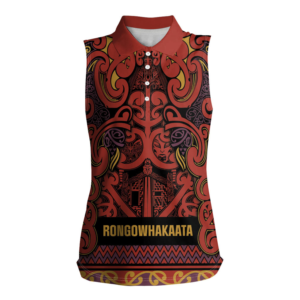 Aotearoa Iwi Rongowhakaata Women Sleeveless Polo Shirt Maori Wharenui House Tribal Pattern LT9 Female Brick Red - Polynesian Pride