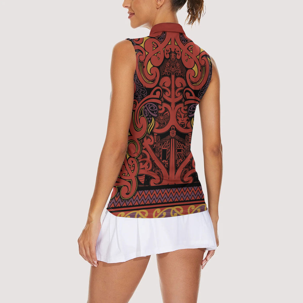 Aotearoa Iwi Rongowhakaata Women Sleeveless Polo Shirt Maori Wharenui House Tribal Pattern LT9 - Polynesian Pride