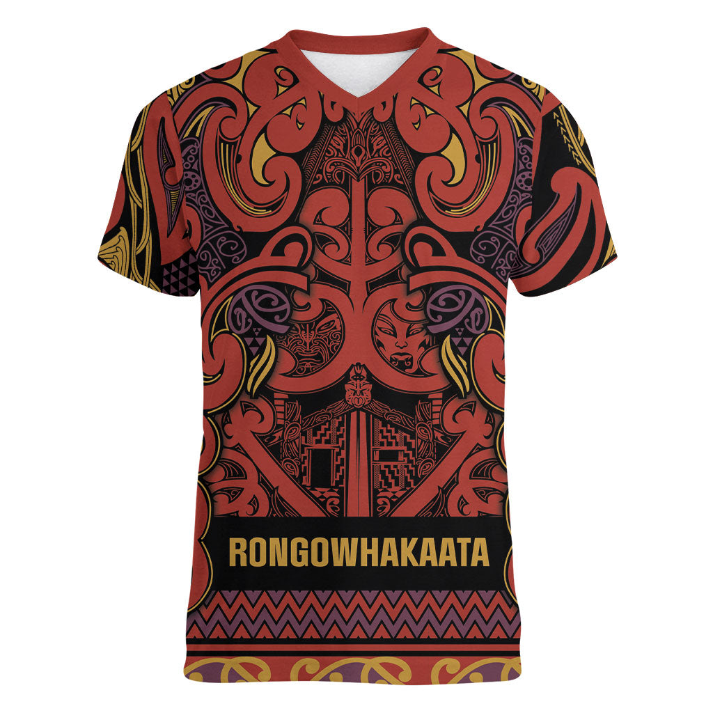 Aotearoa Iwi Rongowhakaata Women V-Neck T-Shirt Maori Wharenui House Tribal Pattern LT9 Female Brick Red - Polynesian Pride
