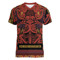 Aotearoa Iwi Rongowhakaata Women V-Neck T-Shirt Maori Wharenui House Tribal Pattern LT9 Female Brick Red - Polynesian Pride