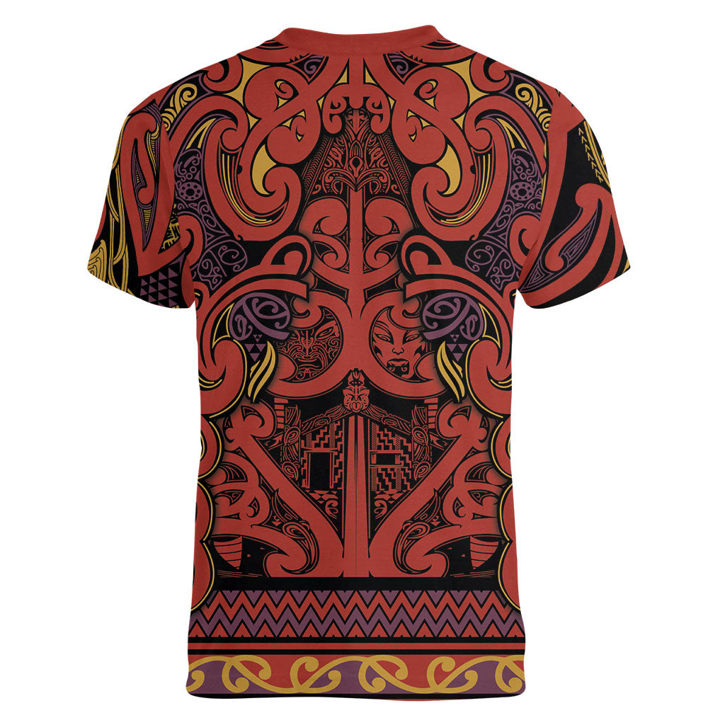 Aotearoa Iwi Rongowhakaata Women V-Neck T-Shirt Maori Wharenui House Tribal Pattern LT9 - Polynesian Pride