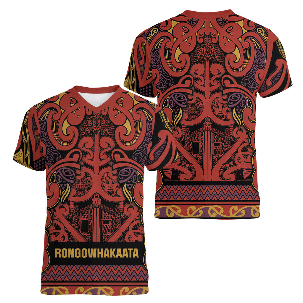 Aotearoa Iwi Rongowhakaata Women V-Neck T-Shirt Maori Wharenui House Tribal Pattern LT9 - Polynesian Pride