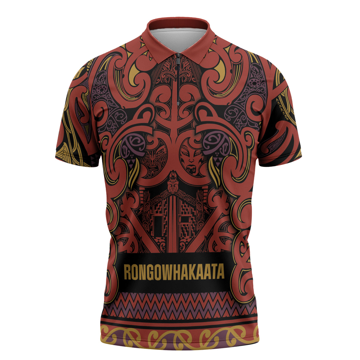 Aotearoa Iwi Rongowhakaata Zipper Polo Shirt Maori Wharenui House Tribal Pattern LT9 Brick Red - Polynesian Pride