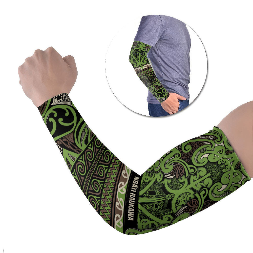 Aotearoa Iwi Ngati Raukawa Arm Sleeves Maori Wharenui House Tribal Pattern LT9 Set of 2 Olive green - Polynesian Pride