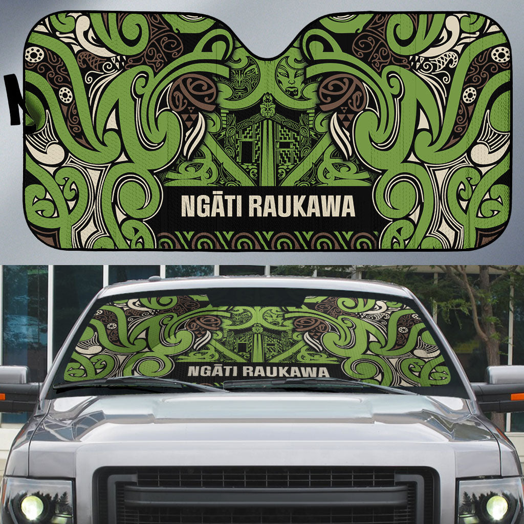 Aotearoa Iwi Ngati Raukawa Auto Sun Shade Maori Wharenui House Tribal Pattern LT9 Olive green - Polynesian Pride