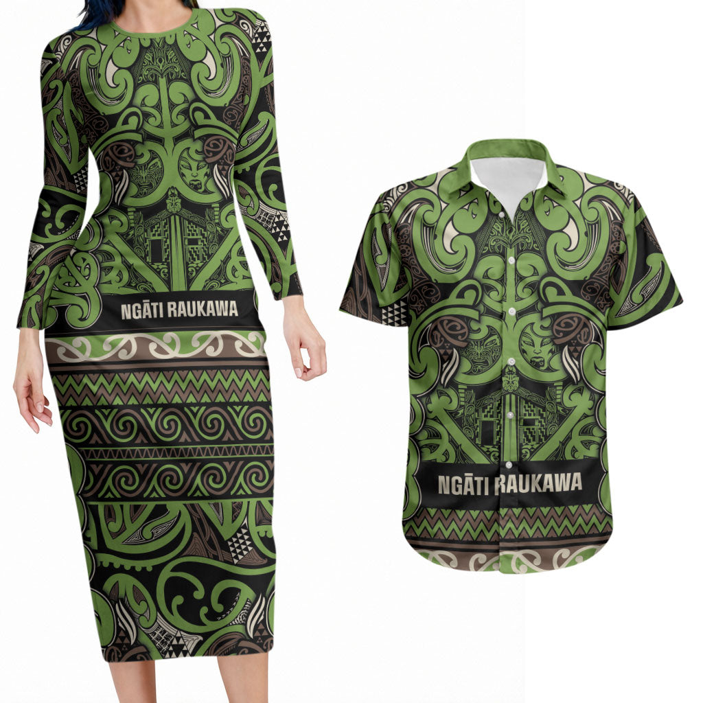Aotearoa Iwi Ngati Raukawa Couples Matching Long Sleeve Bodycon Dress and Hawaiian Shirt Maori Wharenui House Tribal Pattern LT9 Olive green - Polynesian Pride