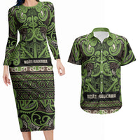 Aotearoa Iwi Ngati Raukawa Couples Matching Long Sleeve Bodycon Dress and Hawaiian Shirt Maori Wharenui House Tribal Pattern LT9 Olive green - Polynesian Pride