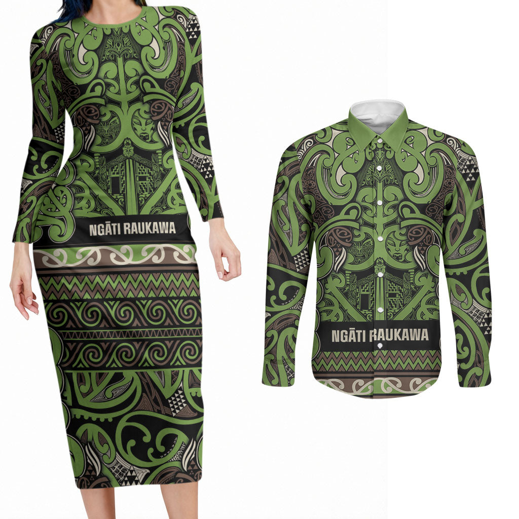 Aotearoa Iwi Ngati Raukawa Couples Matching Long Sleeve Bodycon Dress and Long Sleeve Button Shirt Maori Wharenui House Tribal Pattern LT9 Olive green - Polynesian Pride