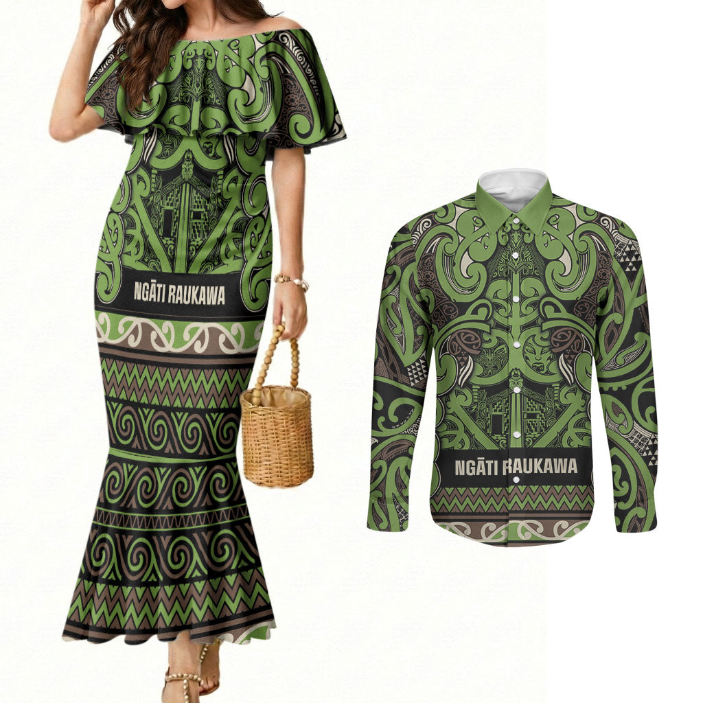 Aotearoa Iwi Ngati Raukawa Couples Matching Mermaid Dress and Long Sleeve Button Shirt Maori Wharenui House Tribal Pattern LT9 Olive green - Polynesian Pride
