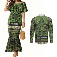 Aotearoa Iwi Ngati Raukawa Couples Matching Mermaid Dress and Long Sleeve Button Shirt Maori Wharenui House Tribal Pattern LT9 Olive green - Polynesian Pride