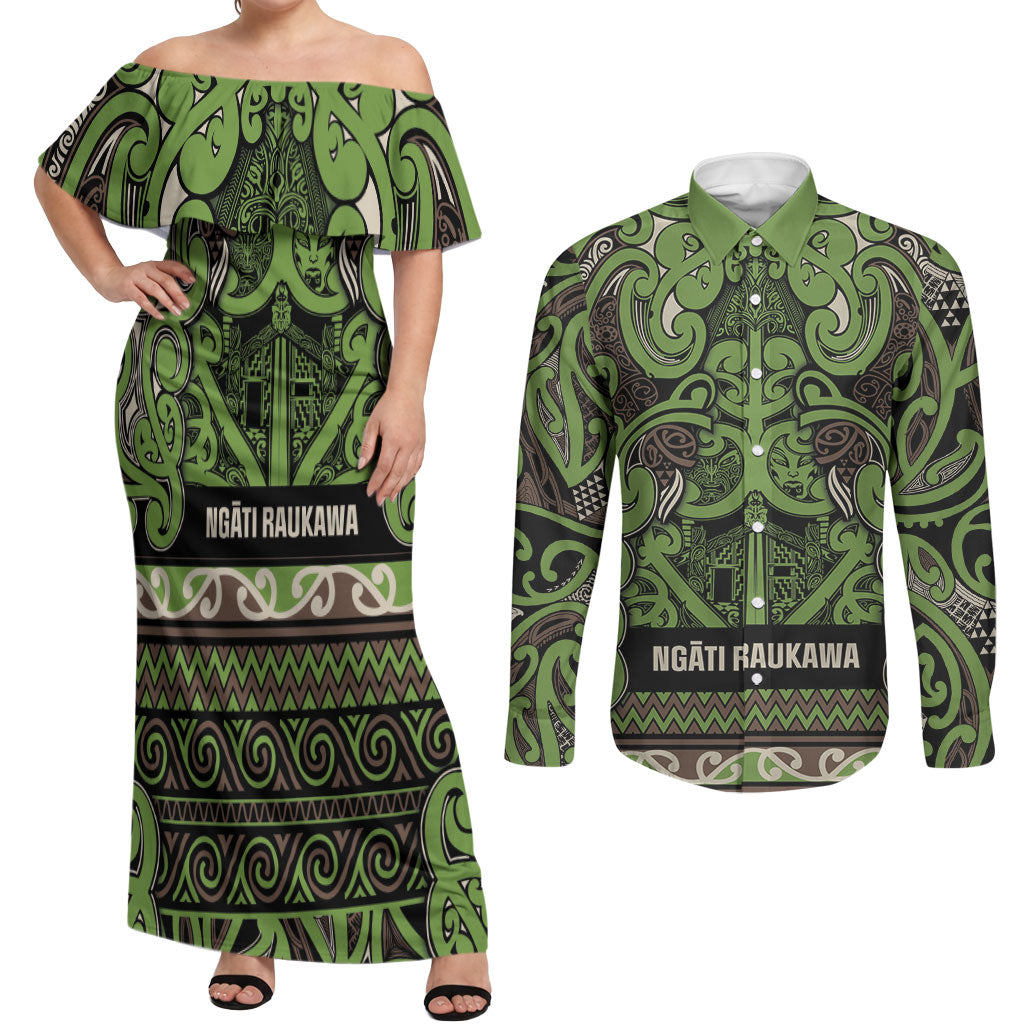 Aotearoa Iwi Ngati Raukawa Couples Matching Off Shoulder Maxi Dress and Long Sleeve Button Shirt Maori Wharenui House Tribal Pattern LT9 Olive green - Polynesian Pride