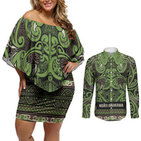Aotearoa Iwi Ngati Raukawa Couples Matching Off Shoulder Short Dress and Long Sleeve Button Shirt Maori Wharenui House Tribal Pattern LT9 Olive green - Polynesian Pride