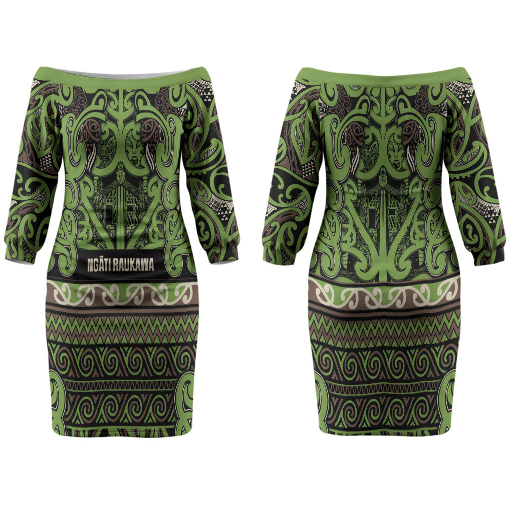 Aotearoa Iwi Ngati Raukawa Couples Matching Off The Shoulder Long Sleeve Dress and Hawaiian Shirt Maori Wharenui House Tribal Pattern LT9 - Polynesian Pride