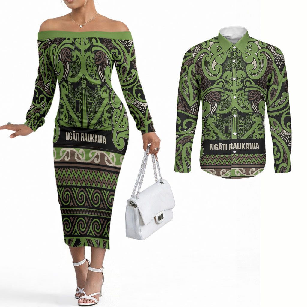 Aotearoa Iwi Ngati Raukawa Couples Matching Off The Shoulder Long Sleeve Dress and Long Sleeve Button Shirt Maori Wharenui House Tribal Pattern LT9 Olive green - Polynesian Pride