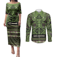 Aotearoa Iwi Ngati Raukawa Couples Matching Puletasi and Long Sleeve Button Shirt Maori Wharenui House Tribal Pattern LT9 Olive green - Polynesian Pride