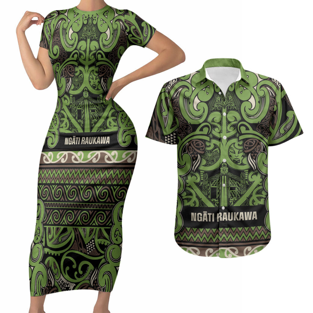 Aotearoa Iwi Ngati Raukawa Couples Matching Short Sleeve Bodycon Dress and Hawaiian Shirt Maori Wharenui House Tribal Pattern LT9 Olive green - Polynesian Pride