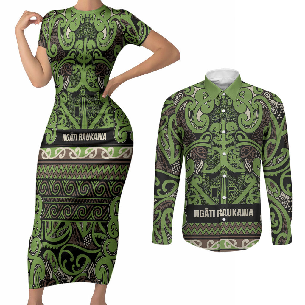 Aotearoa Iwi Ngati Raukawa Couples Matching Short Sleeve Bodycon Dress and Long Sleeve Button Shirt Maori Wharenui House Tribal Pattern LT9 Olive green - Polynesian Pride