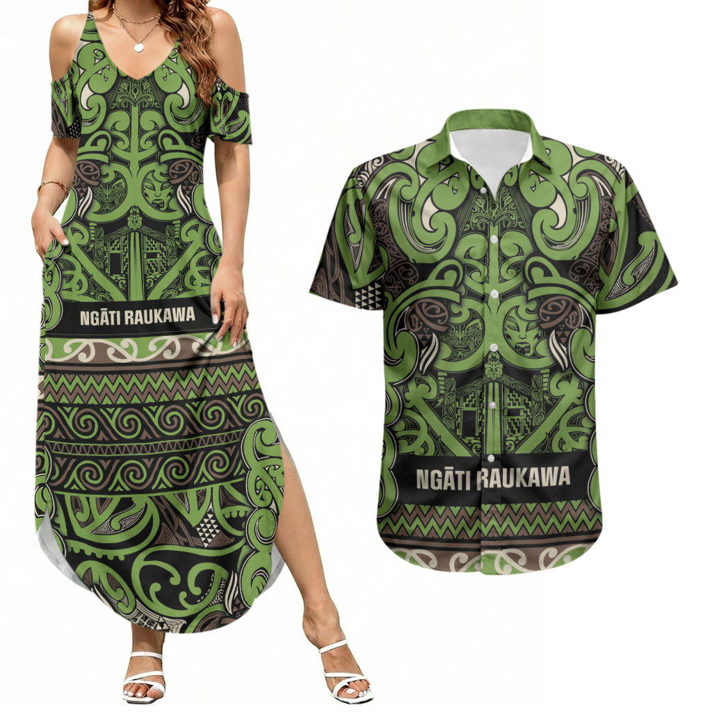 Aotearoa Iwi Ngati Raukawa Couples Matching Summer Maxi Dress and Hawaiian Shirt Maori Wharenui House Tribal Pattern LT9 Olive green - Polynesian Pride