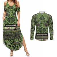 Aotearoa Iwi Ngati Raukawa Couples Matching Summer Maxi Dress and Long Sleeve Button Shirt Maori Wharenui House Tribal Pattern LT9 Olive green - Polynesian Pride