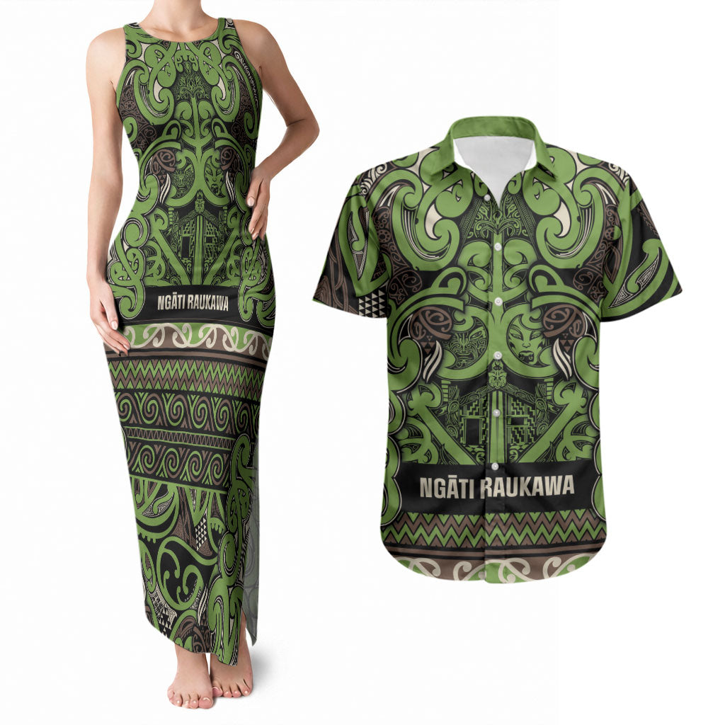 Aotearoa Iwi Ngati Raukawa Couples Matching Tank Maxi Dress and Hawaiian Shirt Maori Wharenui House Tribal Pattern LT9 Olive green - Polynesian Pride