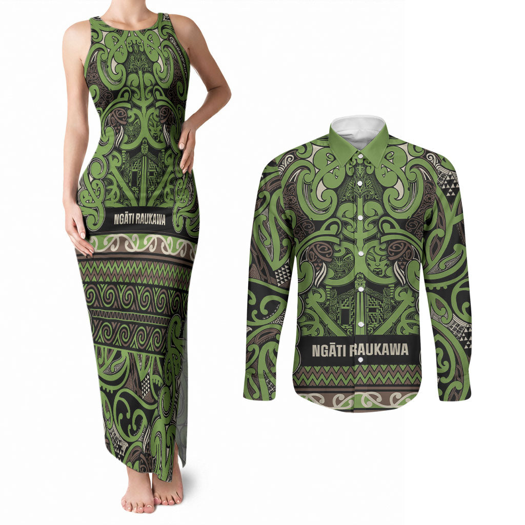 Aotearoa Iwi Ngati Raukawa Couples Matching Tank Maxi Dress and Long Sleeve Button Shirt Maori Wharenui House Tribal Pattern LT9 Olive green - Polynesian Pride
