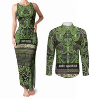 Aotearoa Iwi Ngati Raukawa Couples Matching Tank Maxi Dress and Long Sleeve Button Shirt Maori Wharenui House Tribal Pattern LT9 Olive green - Polynesian Pride