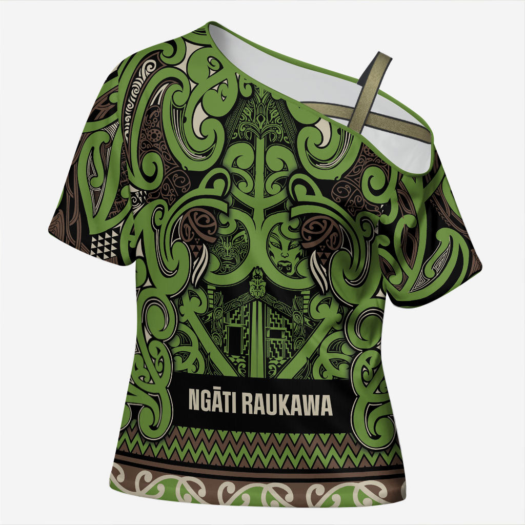Aotearoa Iwi Ngati Raukawa Cross Shoulder Shirt Maori Wharenui House Tribal Pattern LT9 Female Olive green - Polynesian Pride