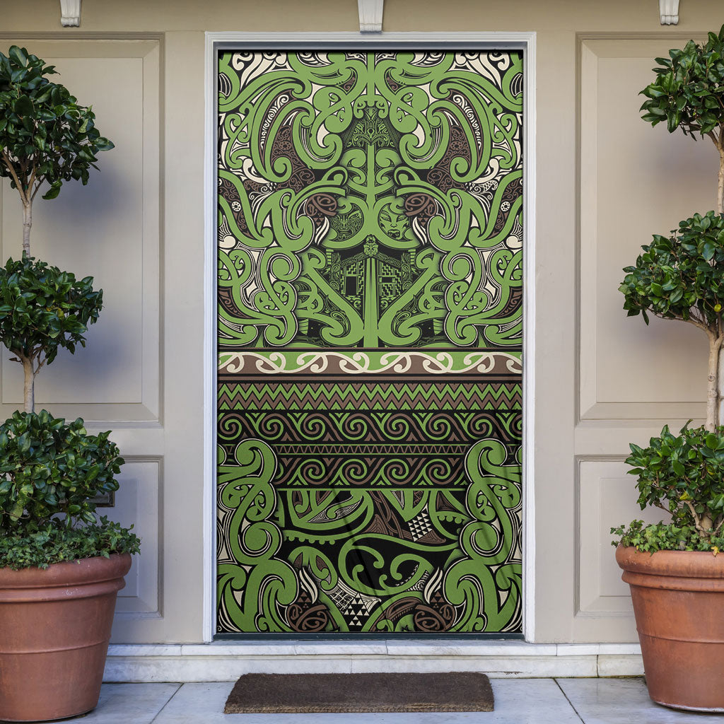 Aotearoa Iwi Ngati Raukawa Door Cover Maori Wharenui House Tribal Pattern LT9 Olive green - Polynesian Pride
