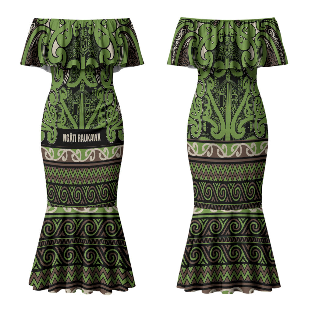 Aotearoa Iwi Ngati Raukawa Family Matching Mermaid Dress and Hawaiian Shirt Maori Wharenui House Tribal Pattern LT9 Mom's Dress Olive green - Polynesian Pride