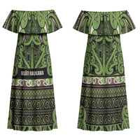 Aotearoa Iwi Ngati Raukawa Family Matching Off Shoulder Maxi Dress and Hawaiian Shirt Maori Wharenui House Tribal Pattern LT9 Mom's Dress Olive green - Polynesian Pride