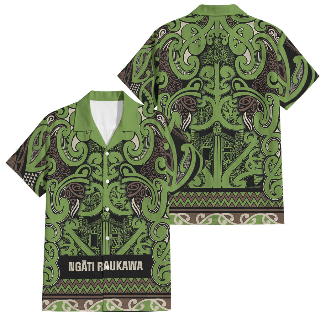 Aotearoa Iwi Ngati Raukawa Family Matching Off Shoulder Maxi Dress and Hawaiian Shirt Maori Wharenui House Tribal Pattern LT9 Dad's Shirt - Short Sleeve Olive green - Polynesian Pride