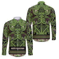 Aotearoa Iwi Ngati Raukawa Family Matching Off Shoulder Short Dress and Hawaiian Shirt Maori Wharenui House Tribal Pattern LT9 Dad's Shirt - Long Sleeve Olive green - Polynesian Pride