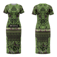 Aotearoa Iwi Ngati Raukawa Family Matching Short Sleeve Bodycon Dress and Hawaiian Shirt Maori Wharenui House Tribal Pattern LT9 Mom's Dress Olive green - Polynesian Pride