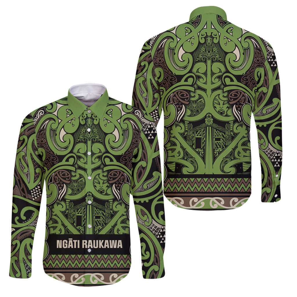 Aotearoa Iwi Ngati Raukawa Family Matching Summer Maxi Dress and Hawaiian Shirt Maori Wharenui House Tribal Pattern LT9 Dad's Shirt - Long Sleeve Olive green - Polynesian Pride