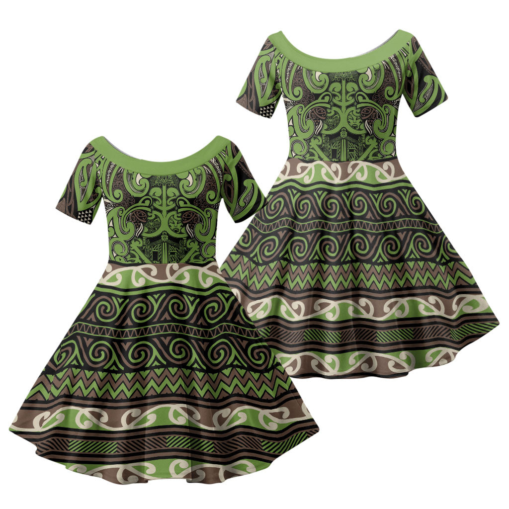 Aotearoa Iwi Ngati Raukawa Family Matching Tank Maxi Dress and Hawaiian Shirt Maori Wharenui House Tribal Pattern LT9 Daughter's Dress Olive green - Polynesian Pride