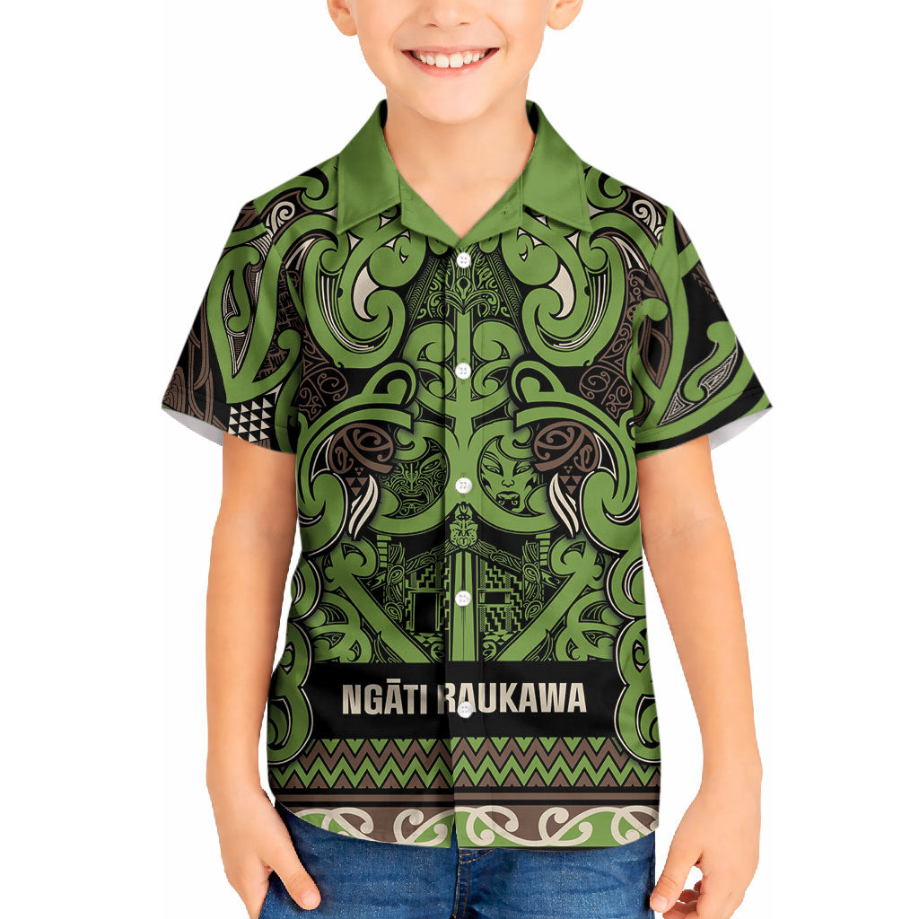 Aotearoa Iwi Ngati Raukawa Kid Hawaiian Shirt Maori Wharenui House Tribal Pattern LT9 Kid Olive green - Polynesian Pride