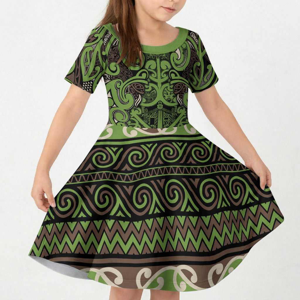 Aotearoa Iwi Ngati Raukawa Kid Short Sleeve Dress Maori Wharenui House Tribal Pattern LT9 KID Olive green - Polynesian Pride