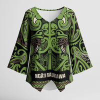 Aotearoa Iwi Ngati Raukawa Kimono Sleeve Blouse Maori Wharenui House Tribal Pattern LT9 Female Olive green - Polynesian Pride