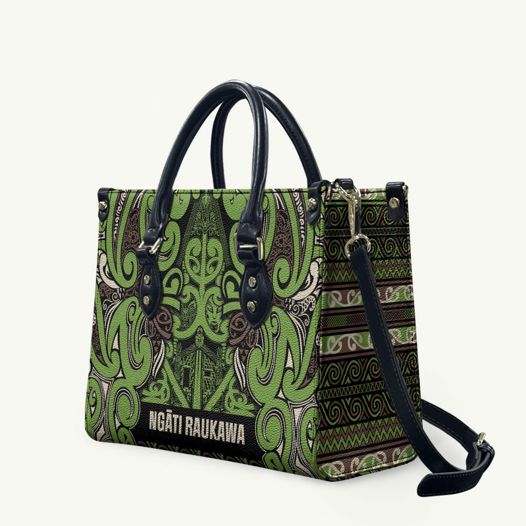 Aotearoa Iwi Ngati Raukawa Leather Bag Maori Wharenui House Tribal Pattern LT9 Olive green - Polynesian Pride