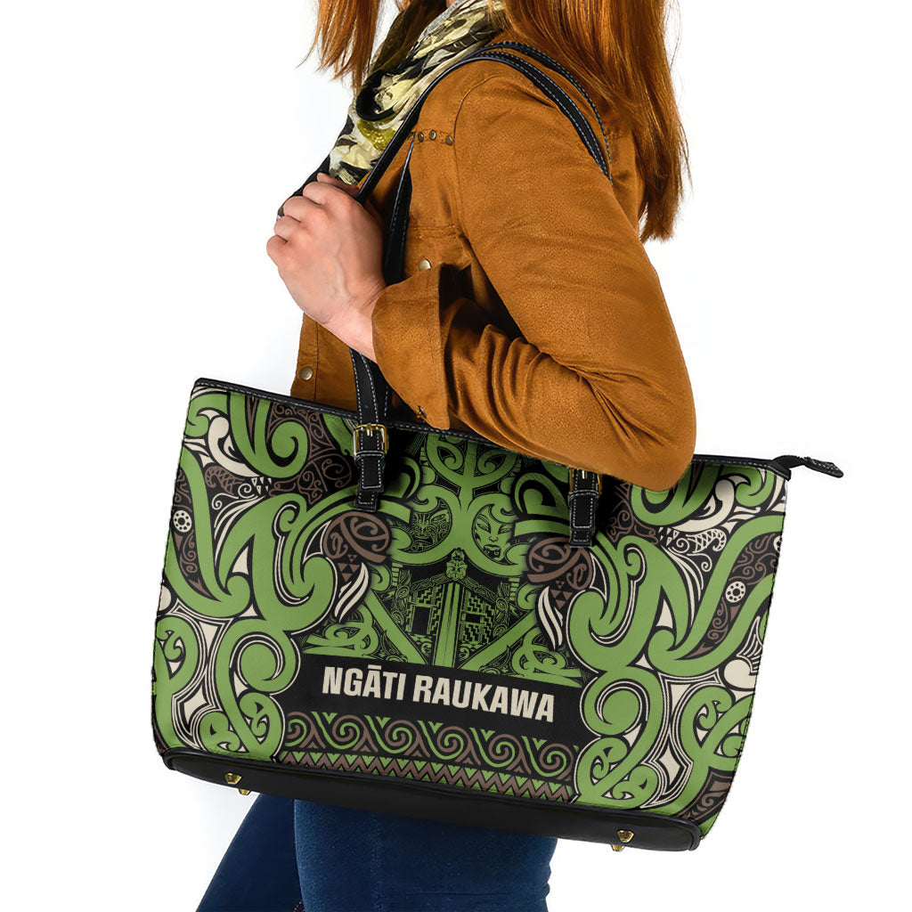 Aotearoa Iwi Ngati Raukawa Leather Tote Bag Maori Wharenui House Tribal Pattern LT9 Olive green - Polynesian Pride
