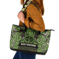 Aotearoa Iwi Ngati Raukawa Leather Tote Bag Maori Wharenui House Tribal Pattern LT9 Olive green - Polynesian Pride