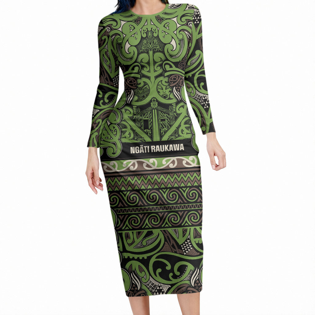 Aotearoa Iwi Ngati Raukawa Long Sleeve Bodycon Dress Maori Wharenui House Tribal Pattern LT9 Long Dress Olive green - Polynesian Pride