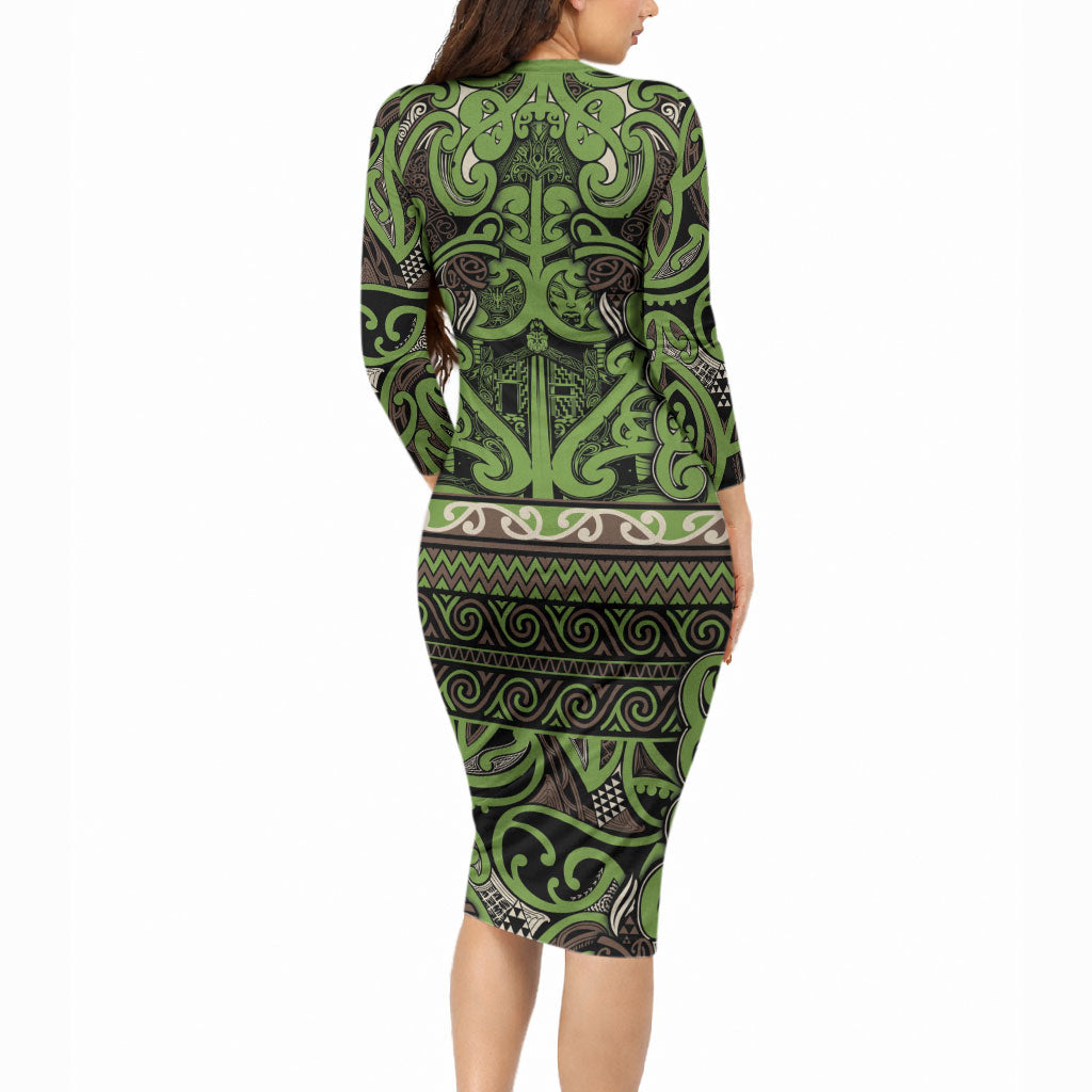 Aotearoa Iwi Ngati Raukawa Long Sleeve Bodycon Dress Maori Wharenui House Tribal Pattern LT9 - Polynesian Pride
