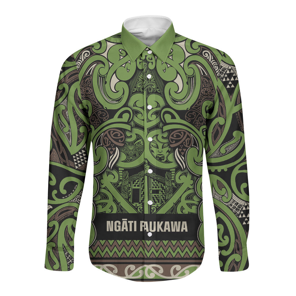 Aotearoa Iwi Ngati Raukawa Long Sleeve Button Shirt Maori Wharenui House Tribal Pattern LT9 Unisex Olive green - Polynesian Pride