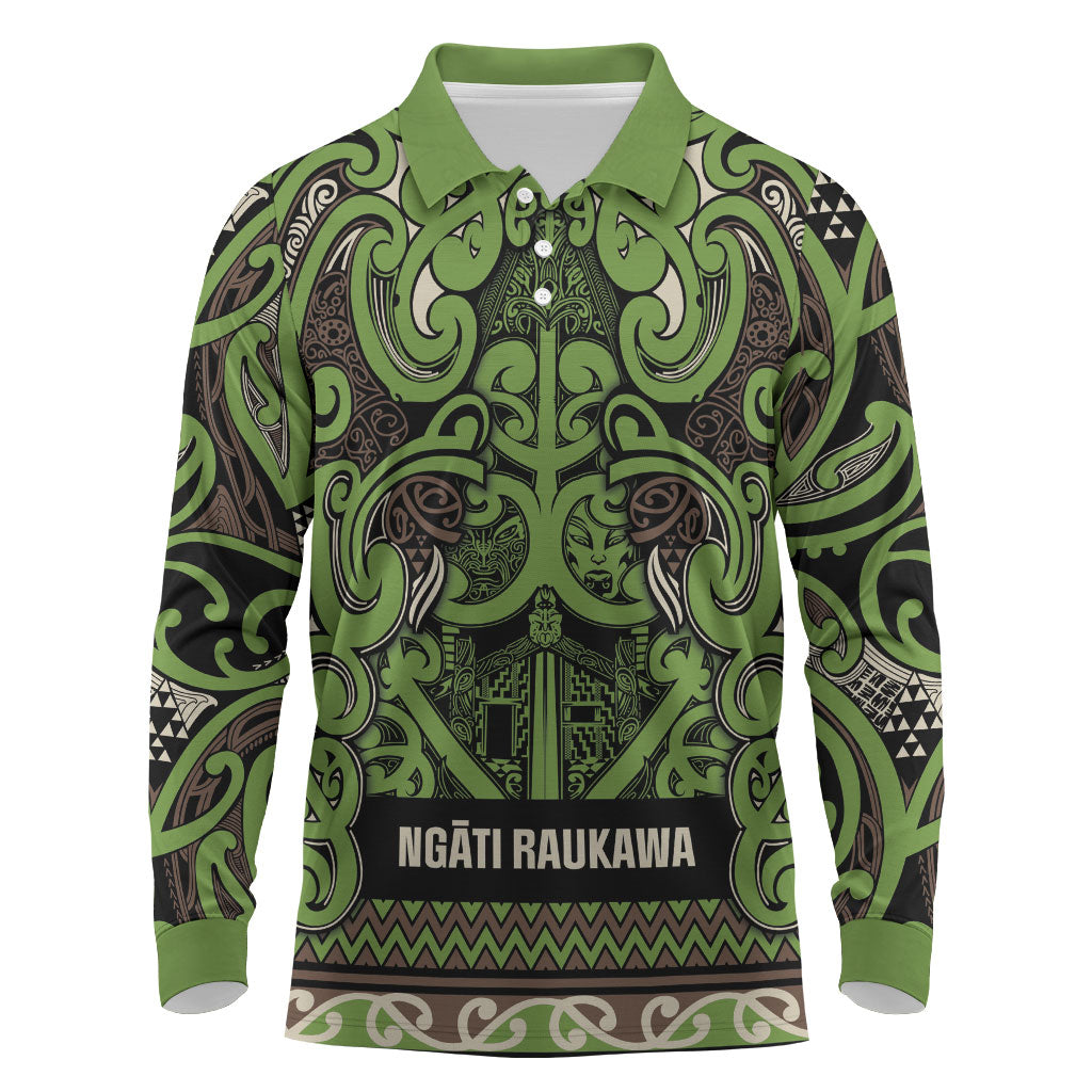 Aotearoa Iwi Ngati Raukawa Long Sleeve Polo Shirt Maori Wharenui House Tribal Pattern LT9 Olive green - Polynesian Pride