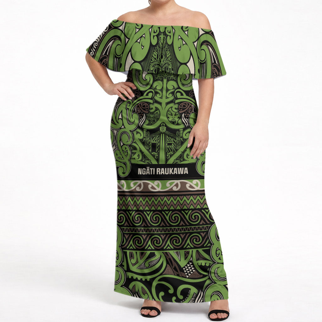 Aotearoa Iwi Ngati Raukawa Off Shoulder Maxi Dress Maori Wharenui House Tribal Pattern LT9 Women Olive green - Polynesian Pride