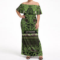 Aotearoa Iwi Ngati Raukawa Off Shoulder Maxi Dress Maori Wharenui House Tribal Pattern LT9 Women Olive green - Polynesian Pride
